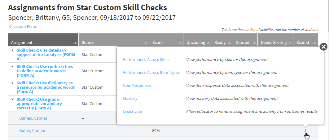the number of scored assessments for one skill selected with the available popup links