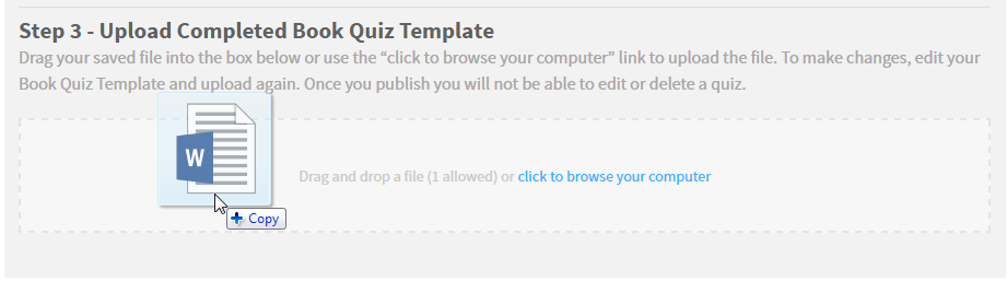 example of a file being dragged into the upload completed template field