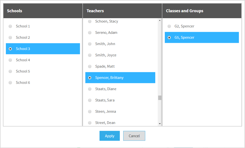 an example of the selection window with one school, one teacher, and one class selected