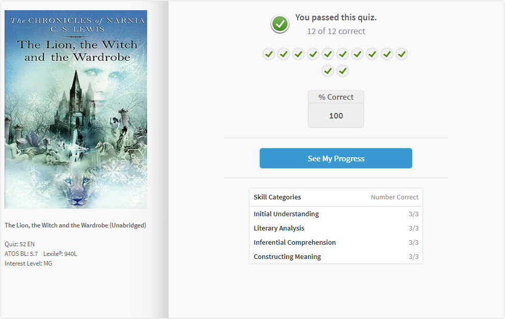 example of results for a sample Literacy Skills Quiz