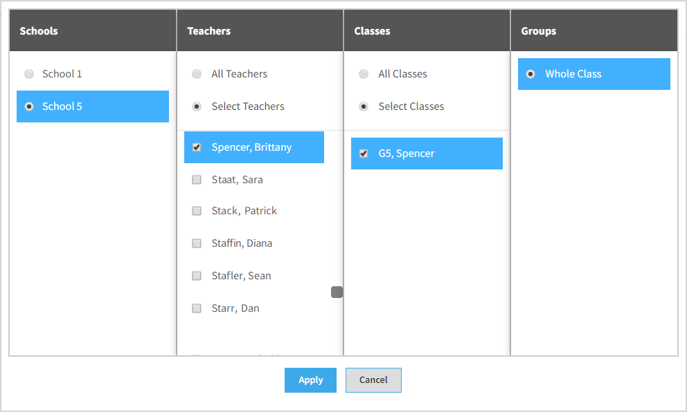example of the class or group selection window