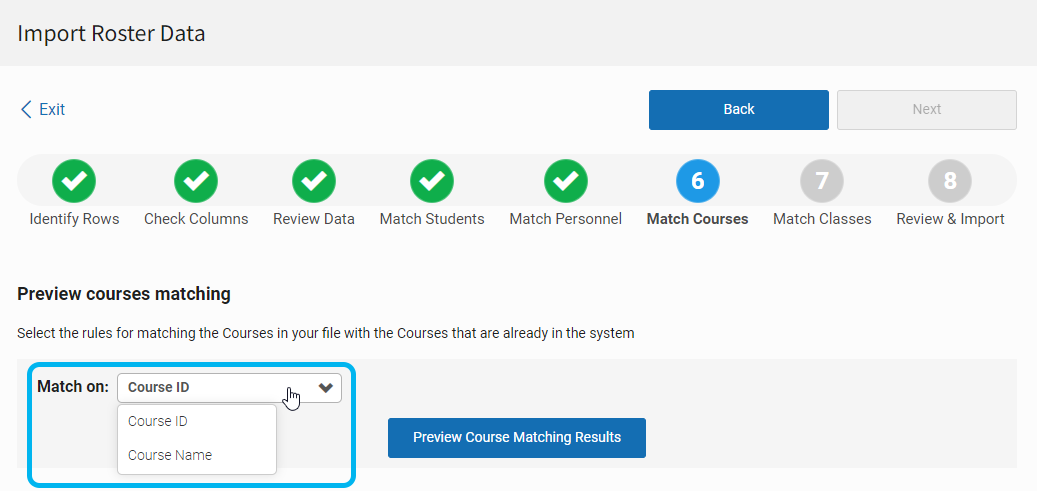 the course matching options