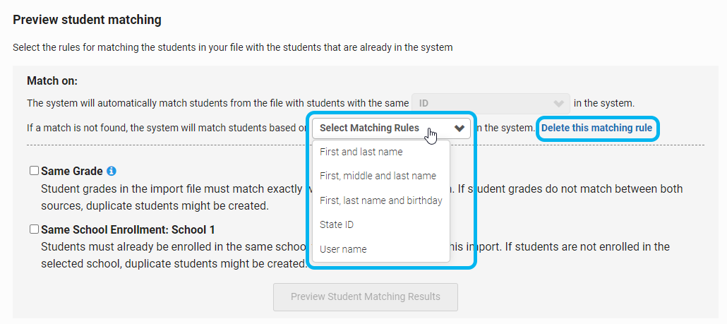 matching options for a new rule and the link for deleting matching rules