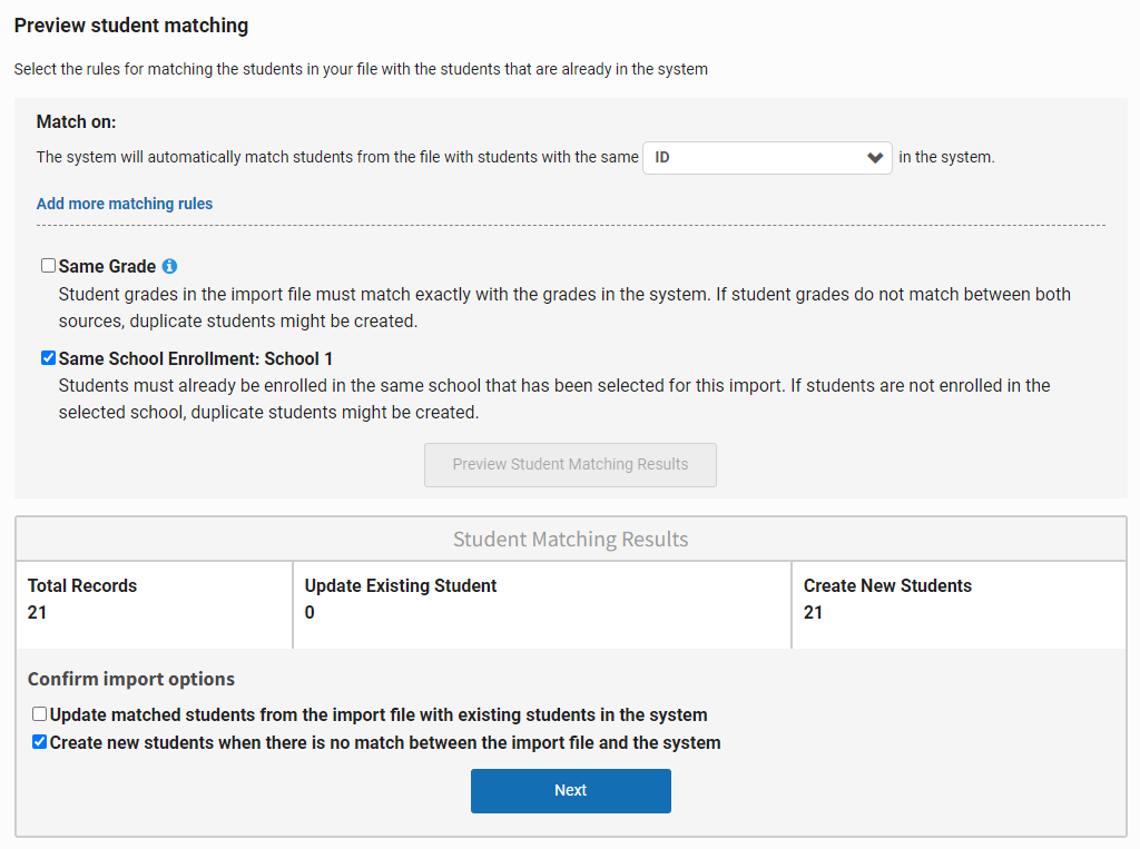 example of a preview of student matching results