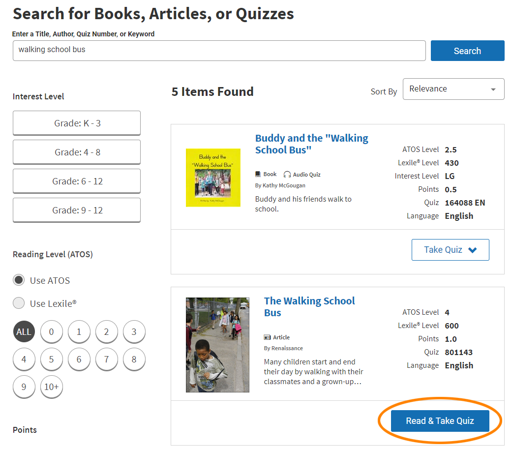 an article in search results and the Read and Take Quiz button