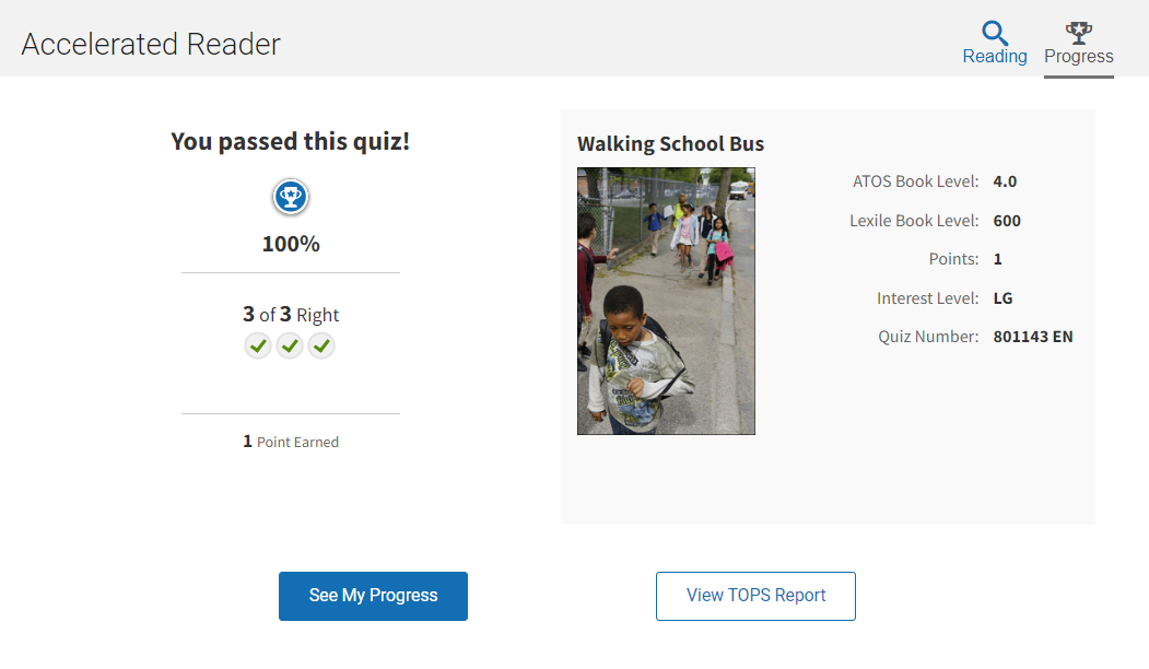 an example of the quiz results page