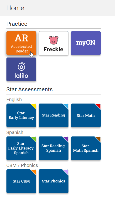 an example of the student Home page with Accelerated Reader being selected
