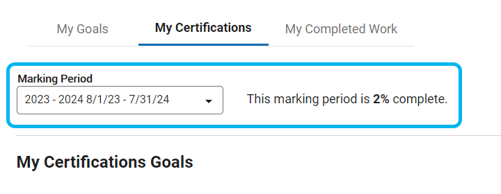 the marking period drop-down list and the percent complete message