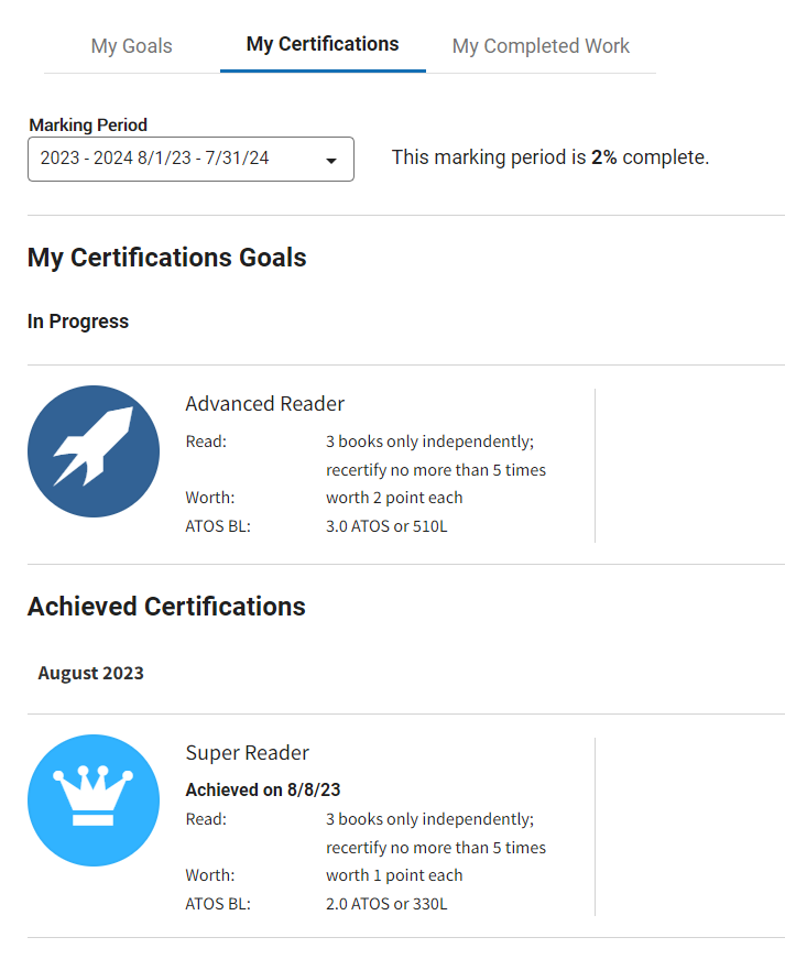 an example of the page with a Super Reader certification achieved and an Advanced Reader certification goal