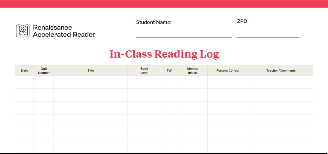 Student Reading Log for in-class reading