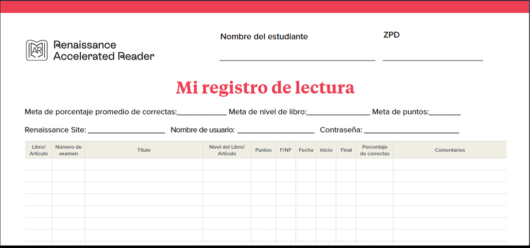 Student My Reading Log in Spanish