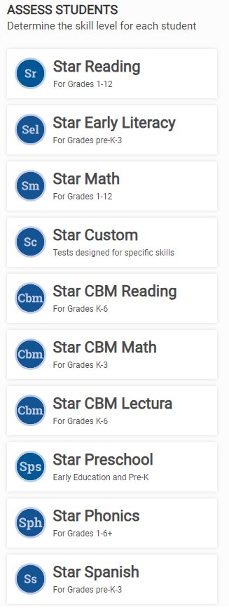 the Assess Students area, listing Star assessment products