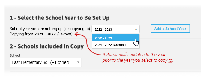 The user is selecting a future school year from the drop-down list; the 'copying from' year automatically changes based on the year chosen.