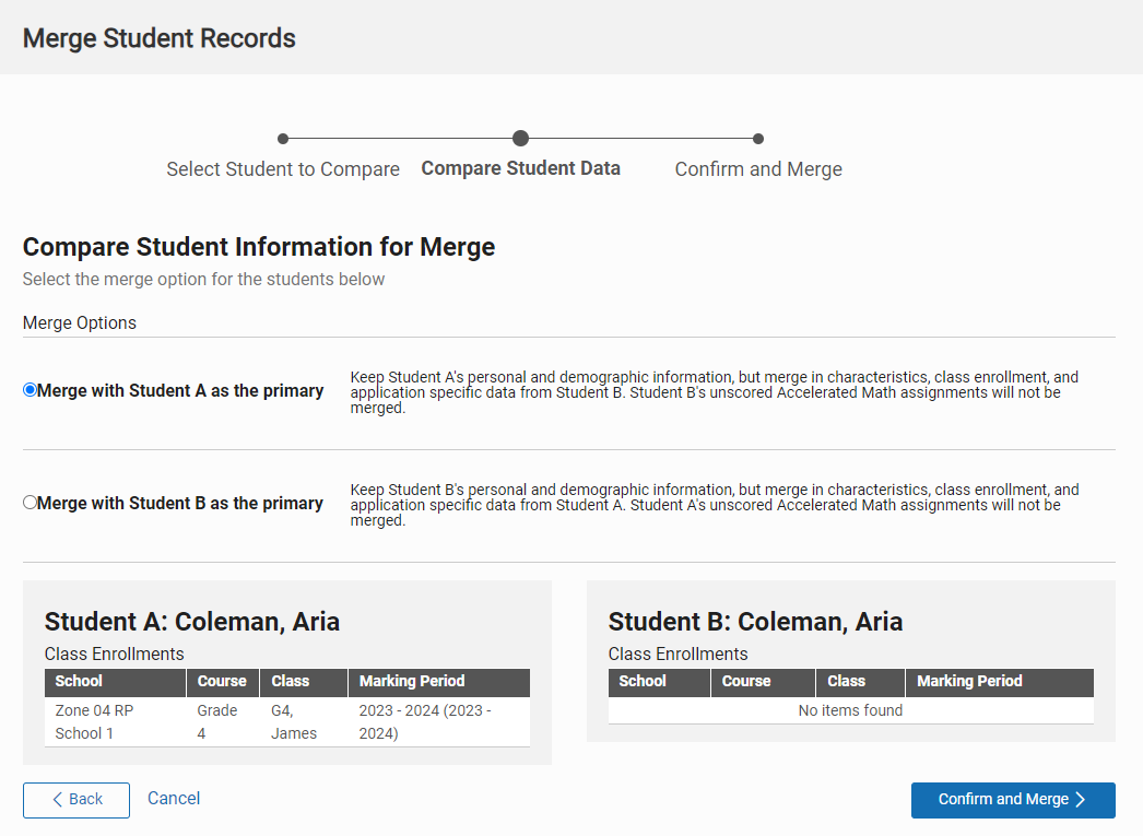 an example of the information for the two students on the Compare Student Information page