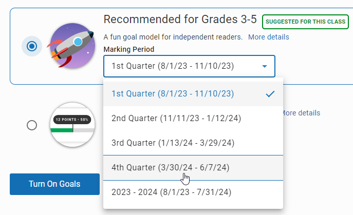 the marking period drop-down list for the goal model for grades 3 to 5