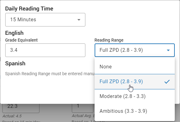 the Reading Range drop-down list in the goal calculator window