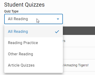 the Quiz Type drop-down list