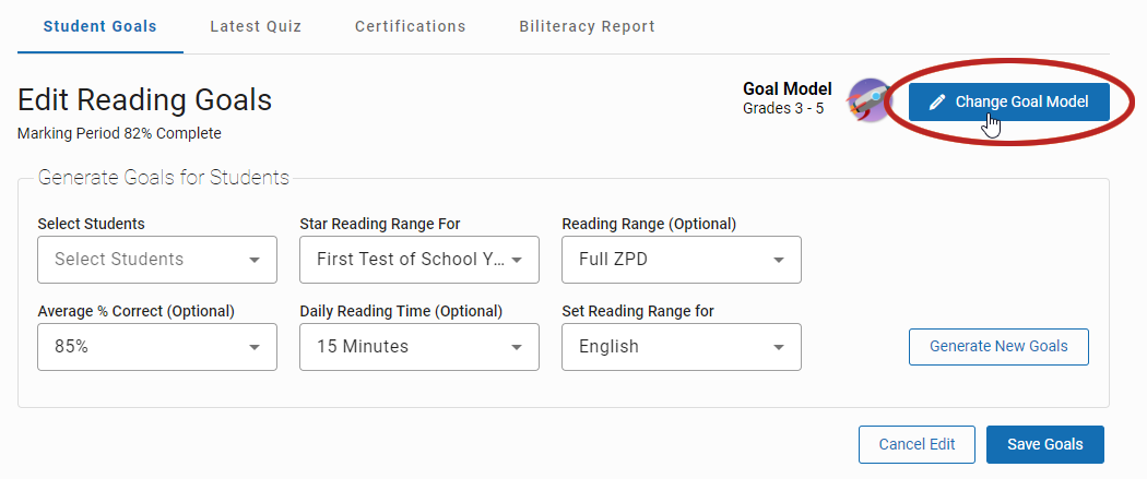 the Change Goal Model button