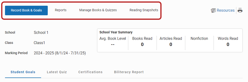 links at the top of the Record Book