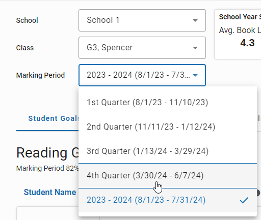 the marking period drop-down list