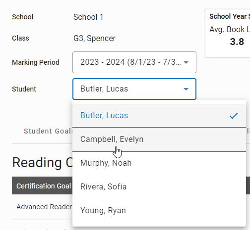 the Student drop-down list
