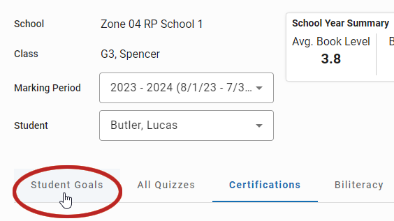 the Student Goals tab