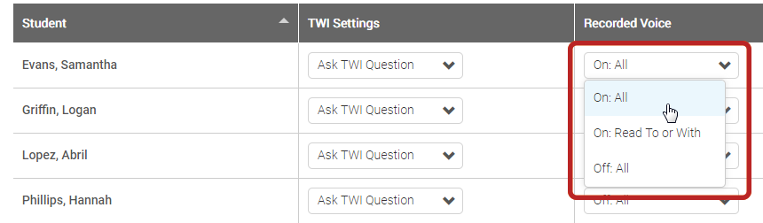 the Recorded Voice drop-down list for a student