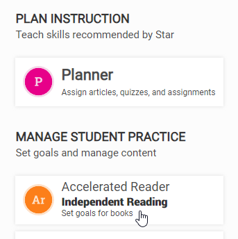the Accelerated Reader Independent Reading tile on the Home page