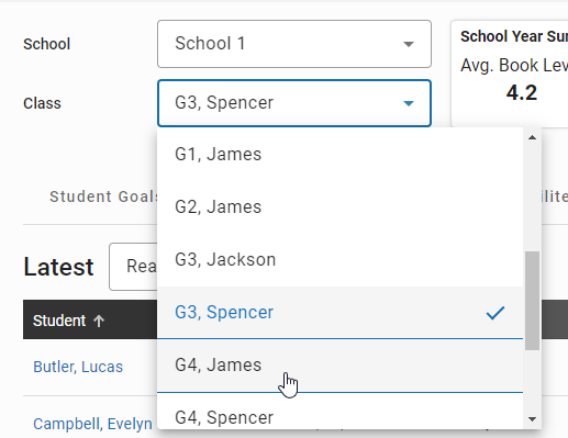 the class drop-down list