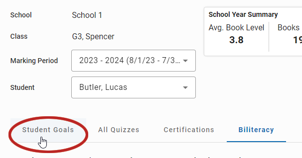 the Student Goals tab