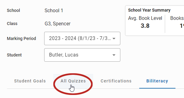 the All Quizzes tab