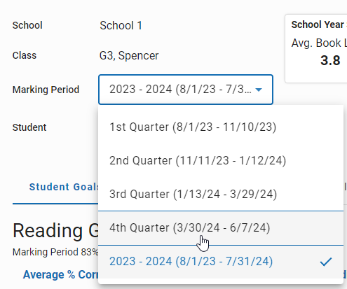 the marking period drop-down list
