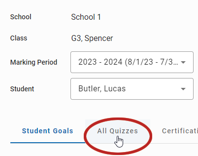 the All Quizzes tab