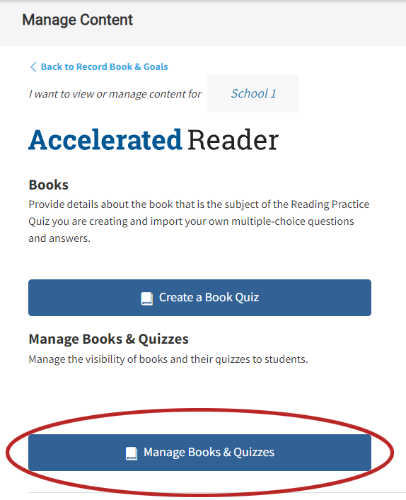 the Manage Books and Quizzes button
