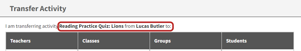 the quiz information on the Transfer Activity page