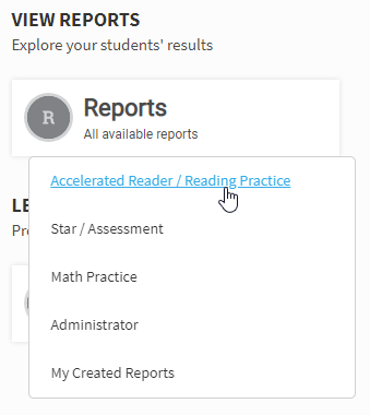 the Reports tile and the Accelerated Reader / Reading Practice menu item
