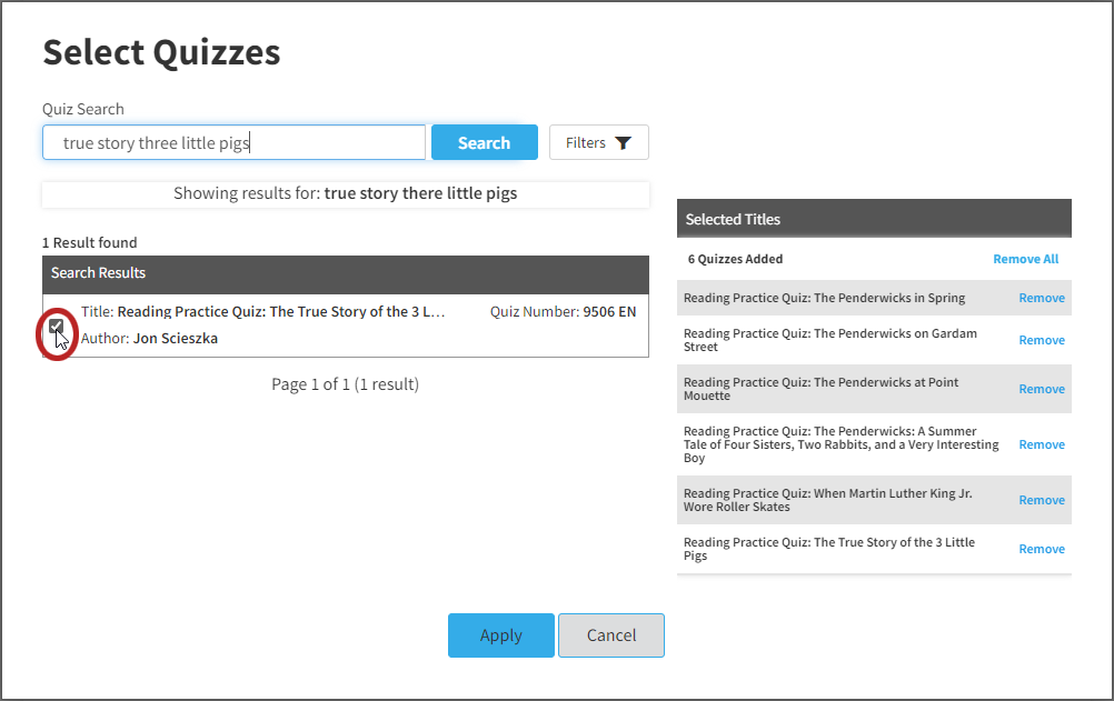 a checked quiz and a list of selected quizzes