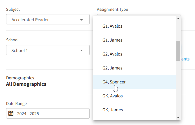 the Students drop-down list showing class names
