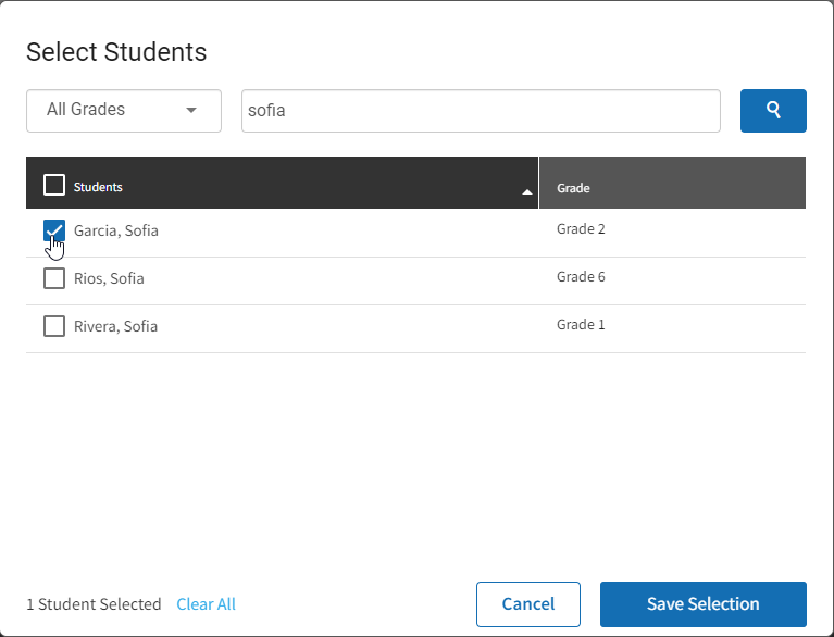 the Select Students window