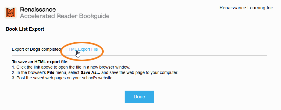 the HTML Export File link