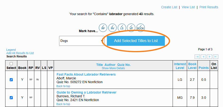 the Add Selected Titles to List button