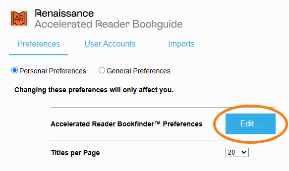 the Edit button for the Accelerated Reader Bookfinder Preferences