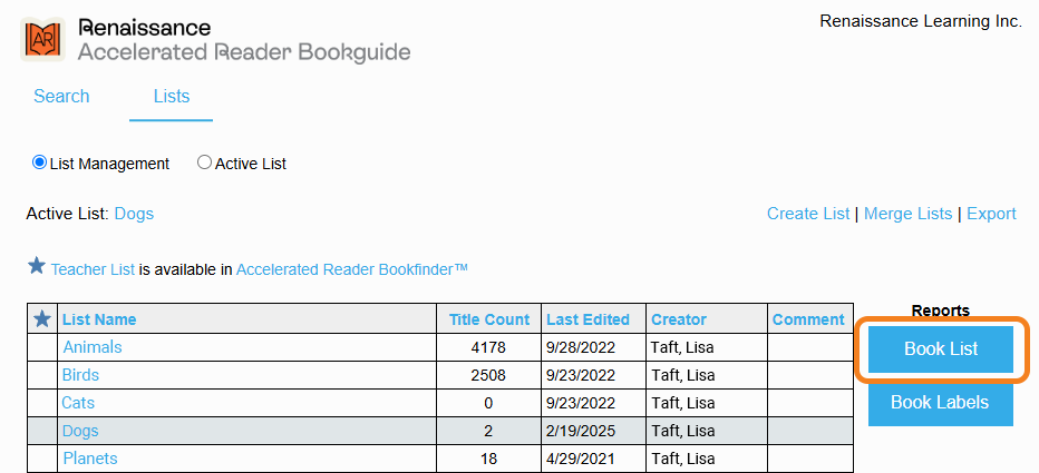 the Book List button