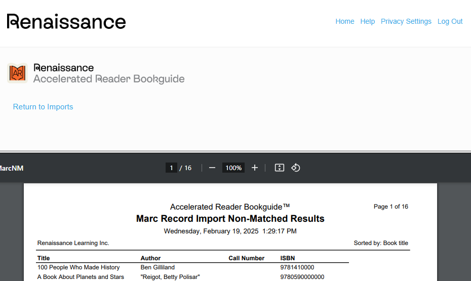 an example of printed import results