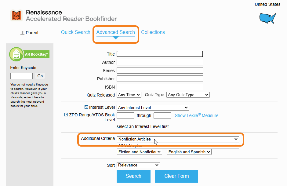 the AR Bookfinder advanced search and the Nonfiction Articles option