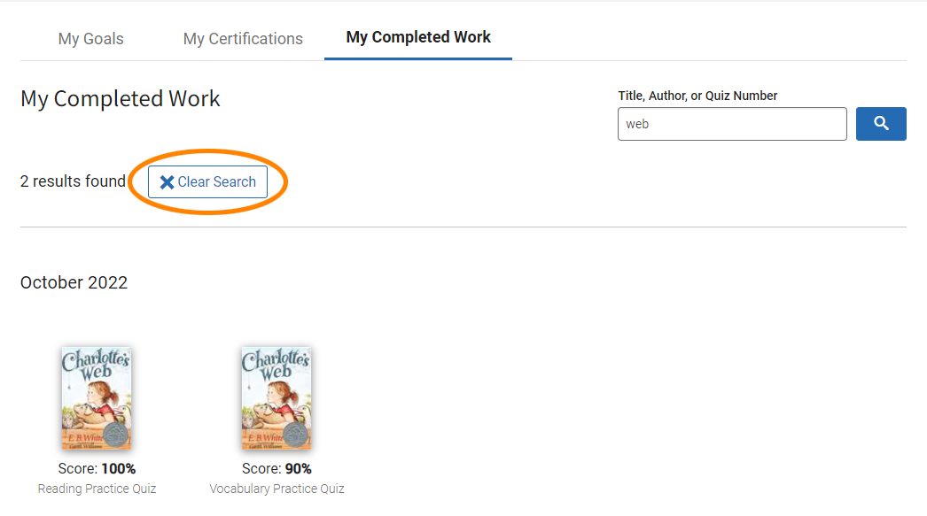 an example of search results and the Clear Search link