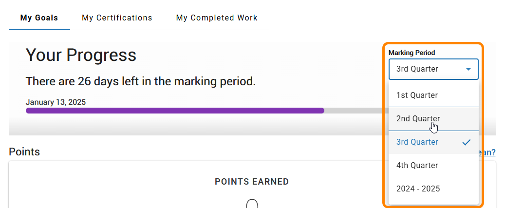the marking period drop-down list