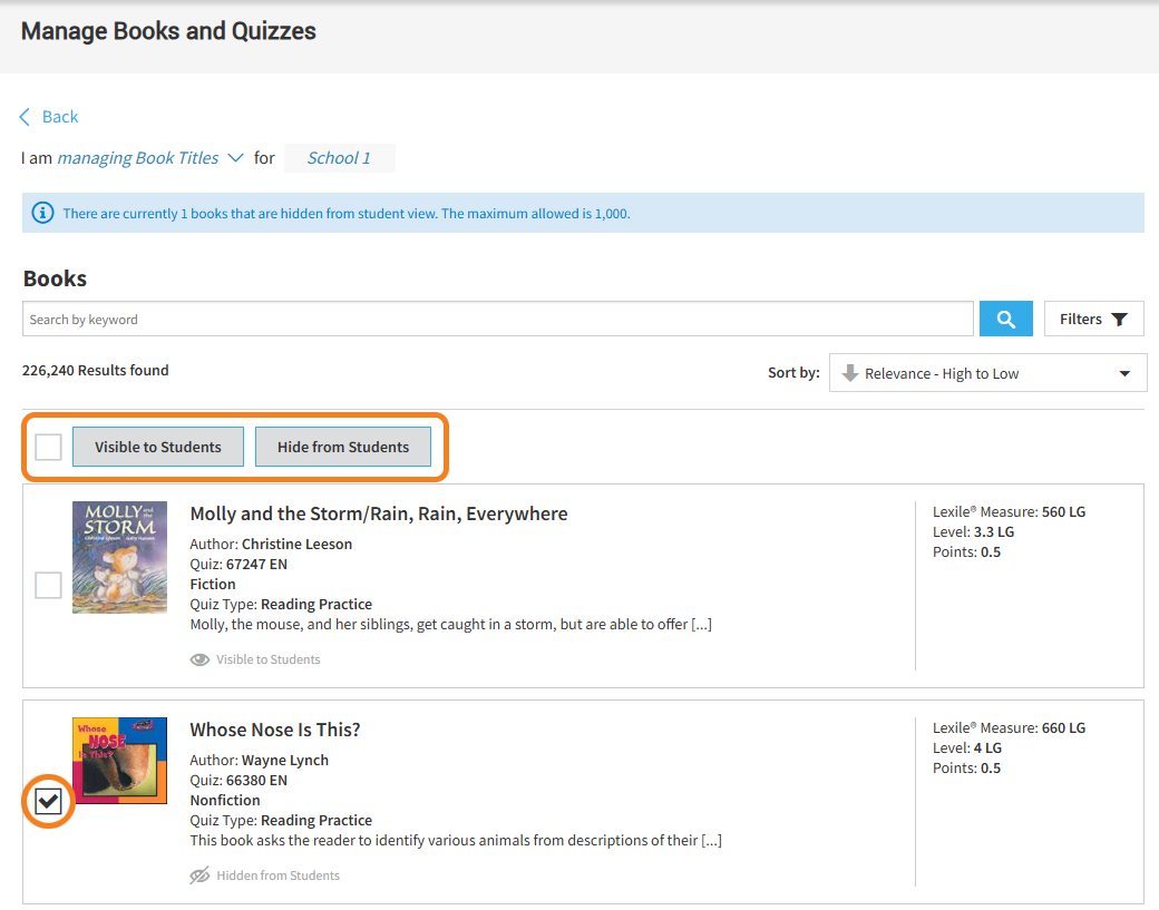an example of checked books and the Visible to Students and Hide from Students options