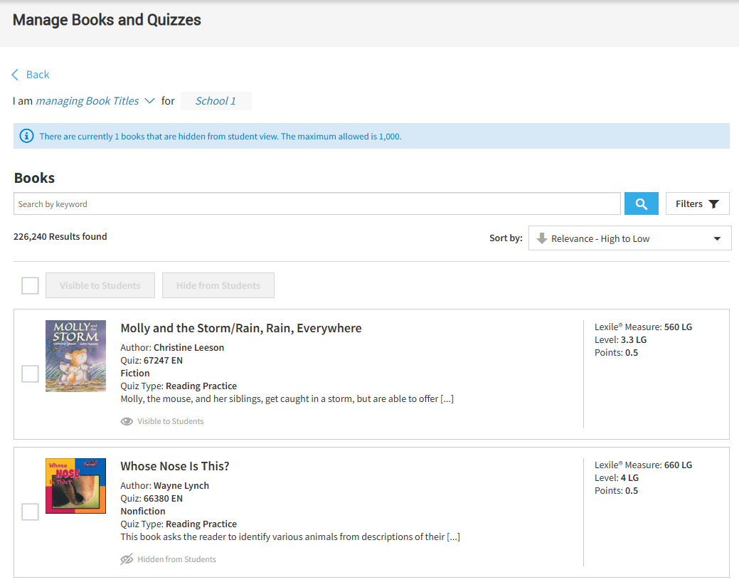 the Manage Books page