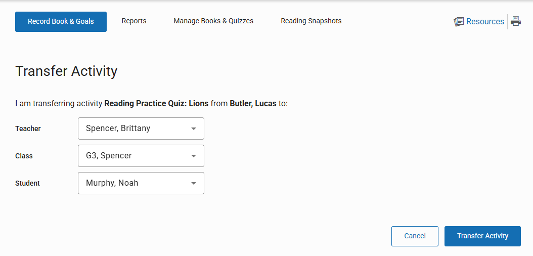 the drop-down lists and the Transfer Activity button